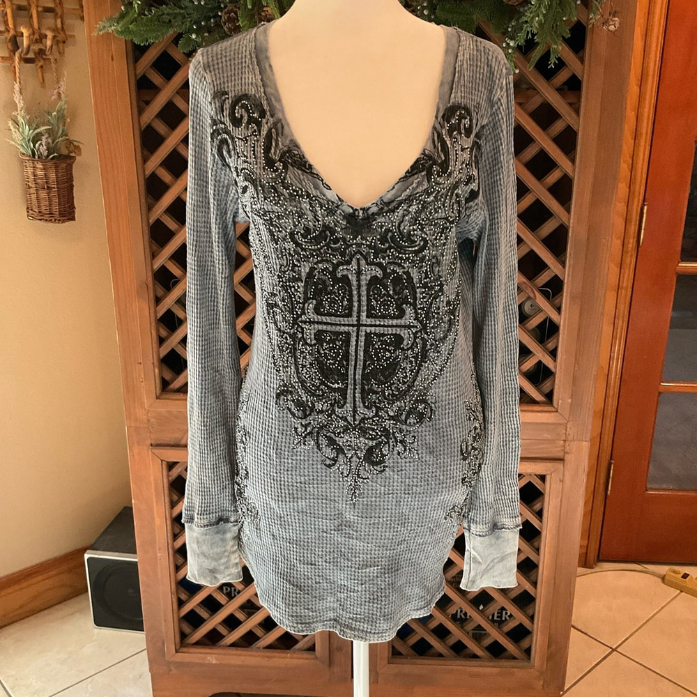 Vocal Embellished Bling Grunge Gothic Cross Waffle Knit Tunic Medium